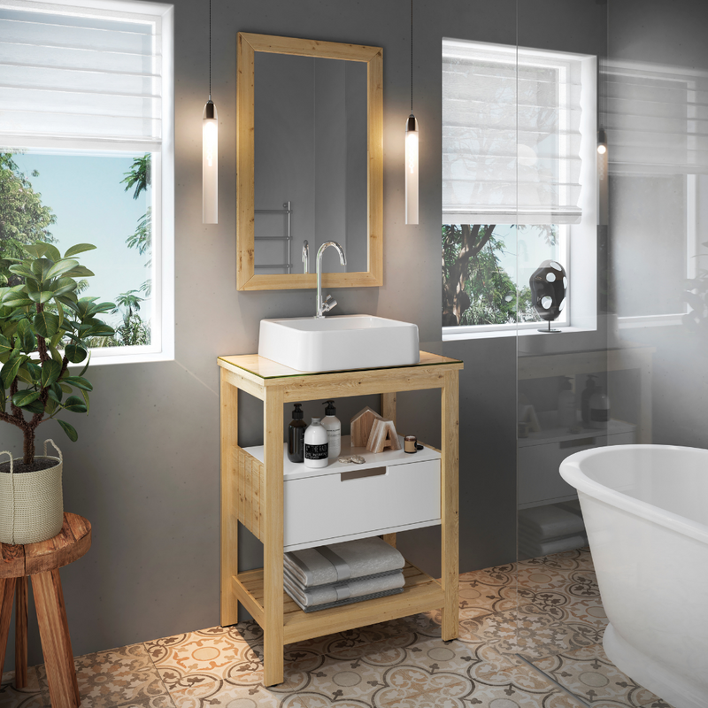 Mueble de Baño Pinus Naturale 600 - Incluye Bacha y Espejo